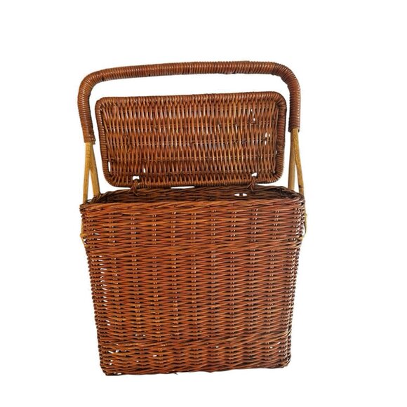 Vintage Coated Wicker Hinged Lidded Basket Stationary Handle Rectangle Storage - Picture 2 of 15